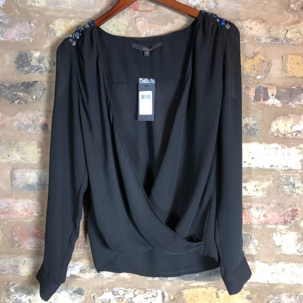 GUESS SHEER RHINESTONE TOP size small NWT BLACK